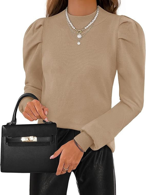 ZESICA Womens Fall Long Puff Sleeve Sweaters 2024 Casual Turtleneck Loose Ribbed Knit Solid Color... | Amazon (US)