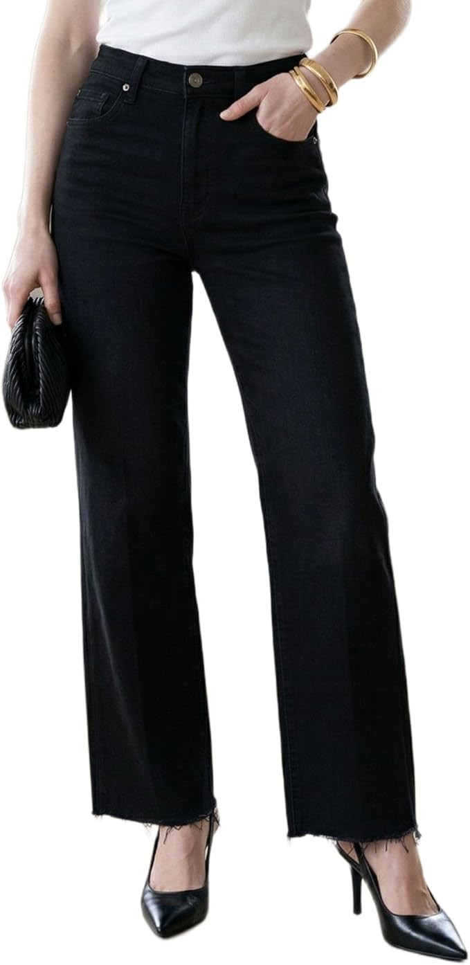 Straight Leg Jeans for Women Trendy High Waisted Cropped Boyfriend Mom Stretchy Frayed Hem Loose ... | Amazon (US)