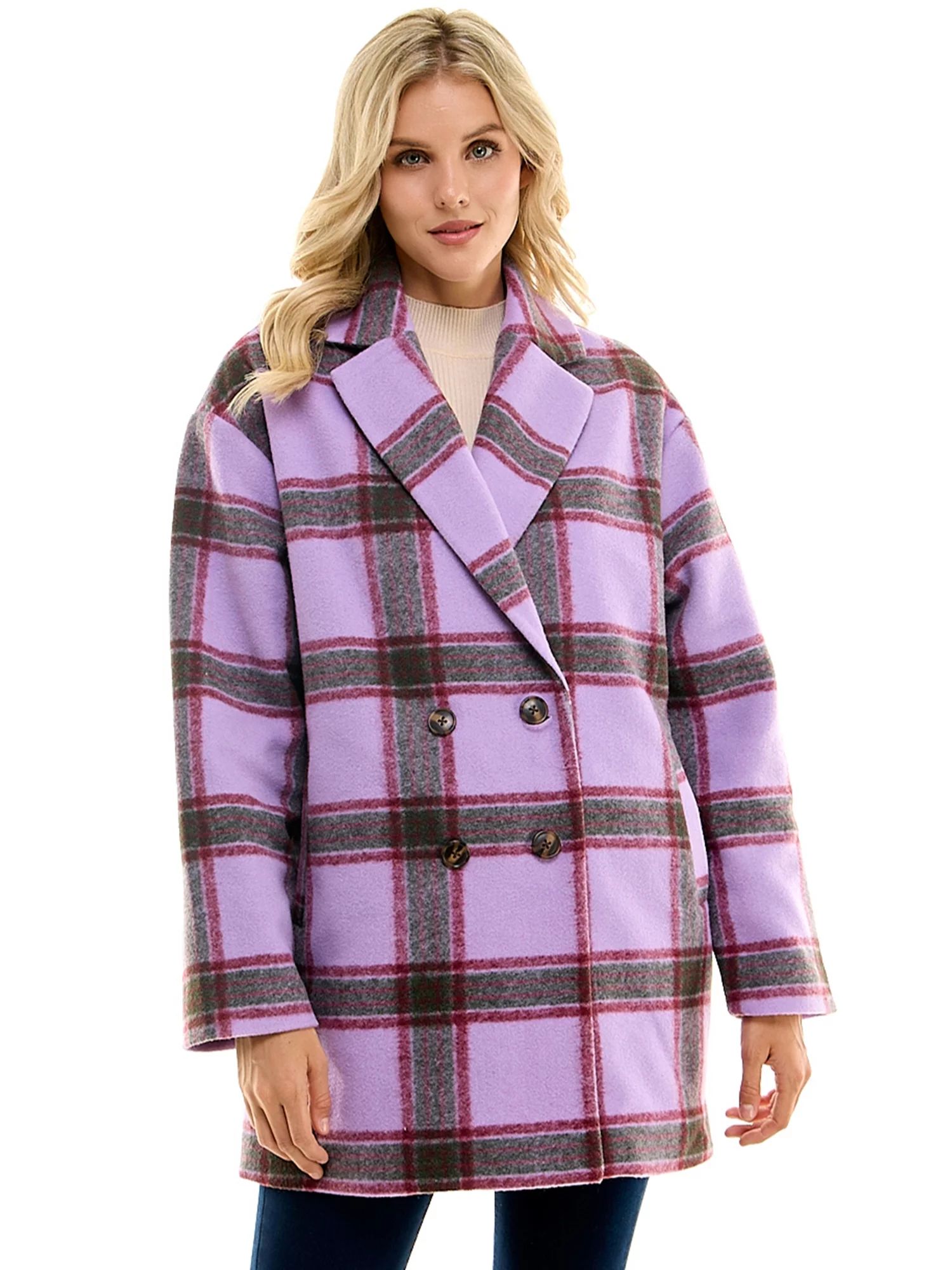 Time and Tru Women's Brushed Twill Plaid Coat, Sizes XS-3X | Walmart (US)