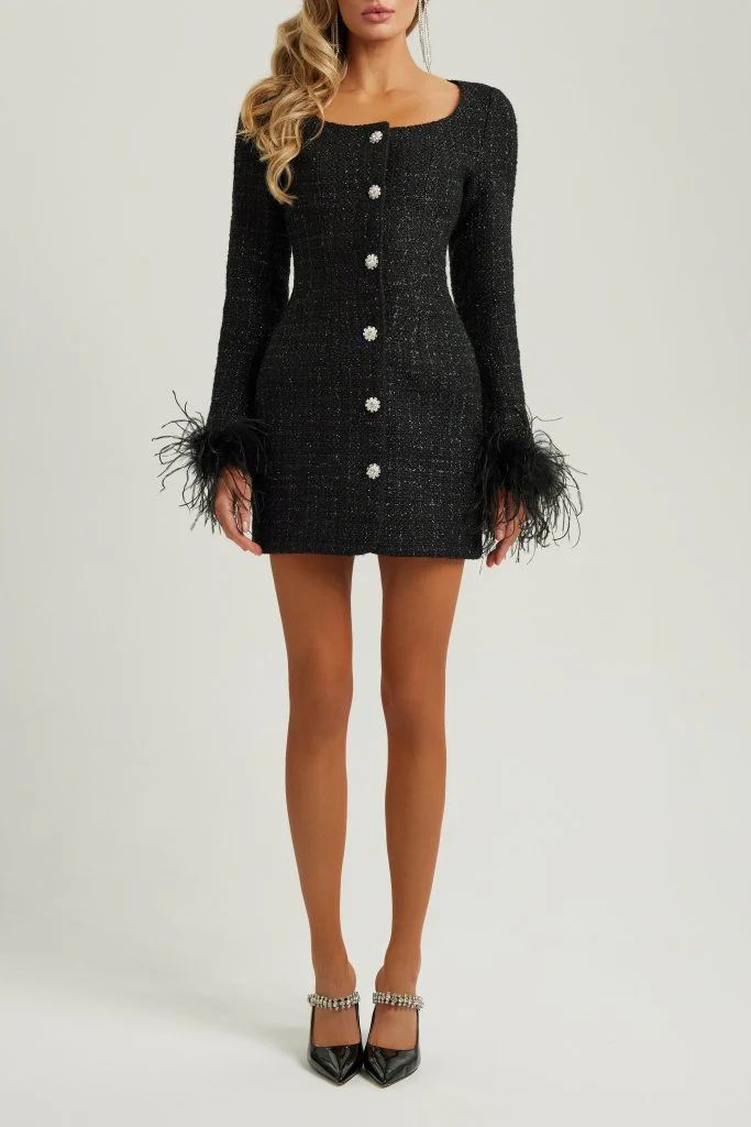 Black tweed long sleeve fur cuff mini dress | Heiress Beverly Hills