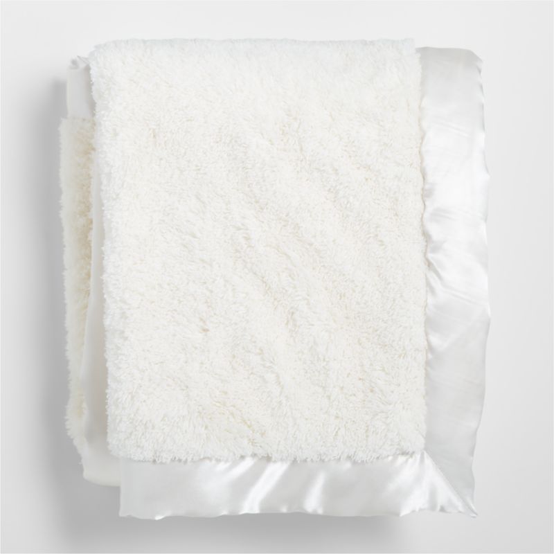 Cream Satin Trim Plush Baby Stroller Blanket + Reviews | Crate & Kids | Crate & Barrel