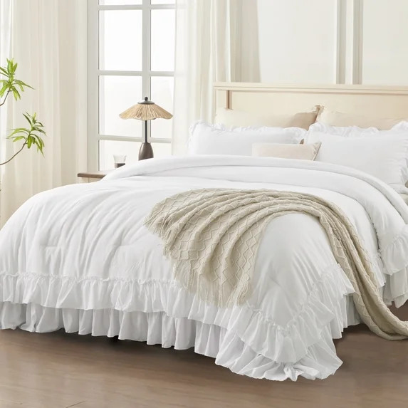ANGENIA Queen Comforter Set White - 3 Pieces Soft Fluffy Ruffle Bedding Comforter Sets for Queen ... | Walmart (US)