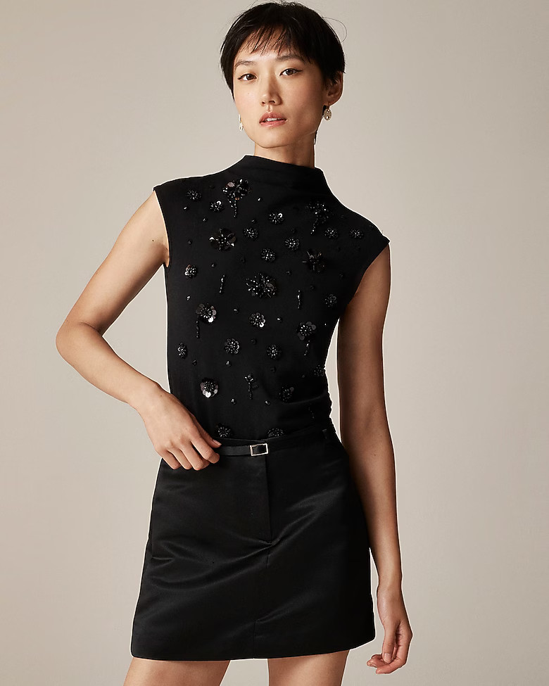 Stretch cotton blend mockneck with floral embellishment | J. Crew US