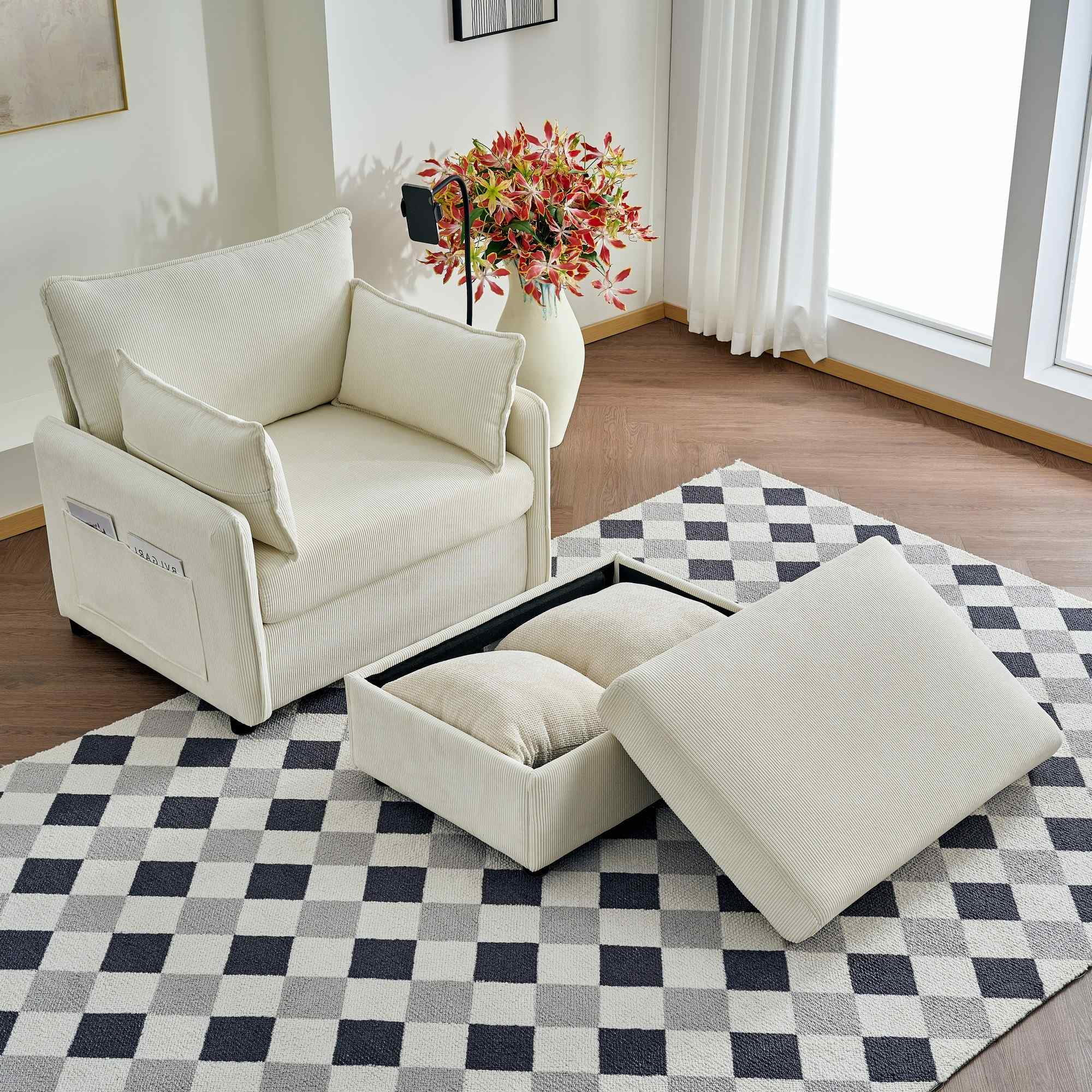 FFH Chaise Lounge Chair Indoor with Storage Ottoman, Corduroy Accent Chair with Charging Ports, S... | Walmart (US)