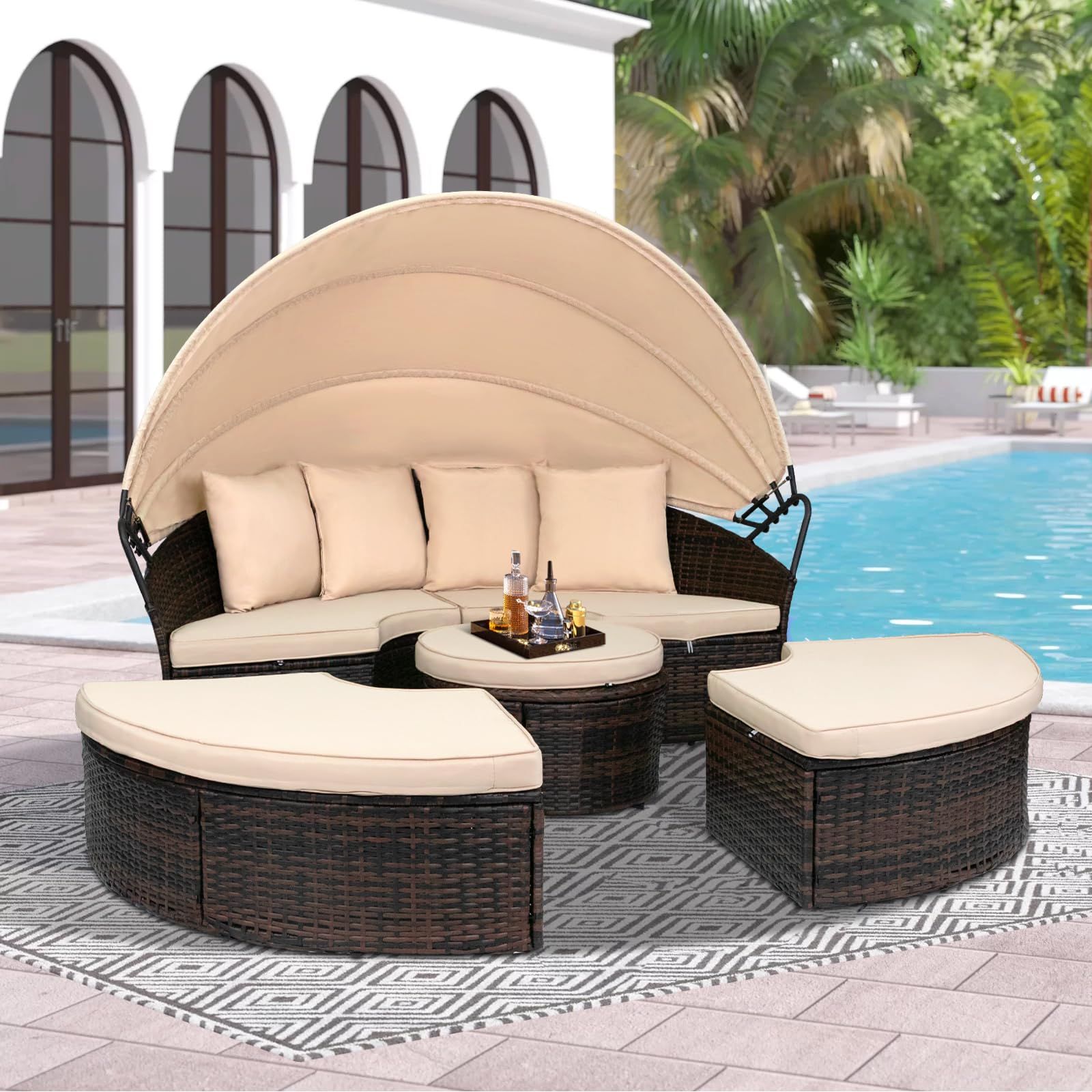 Outdoor Patio Canopy Bed Round Daybed with Washable Cushions, Clamshell Sectional Seating Wicker ... | Amazon (US)