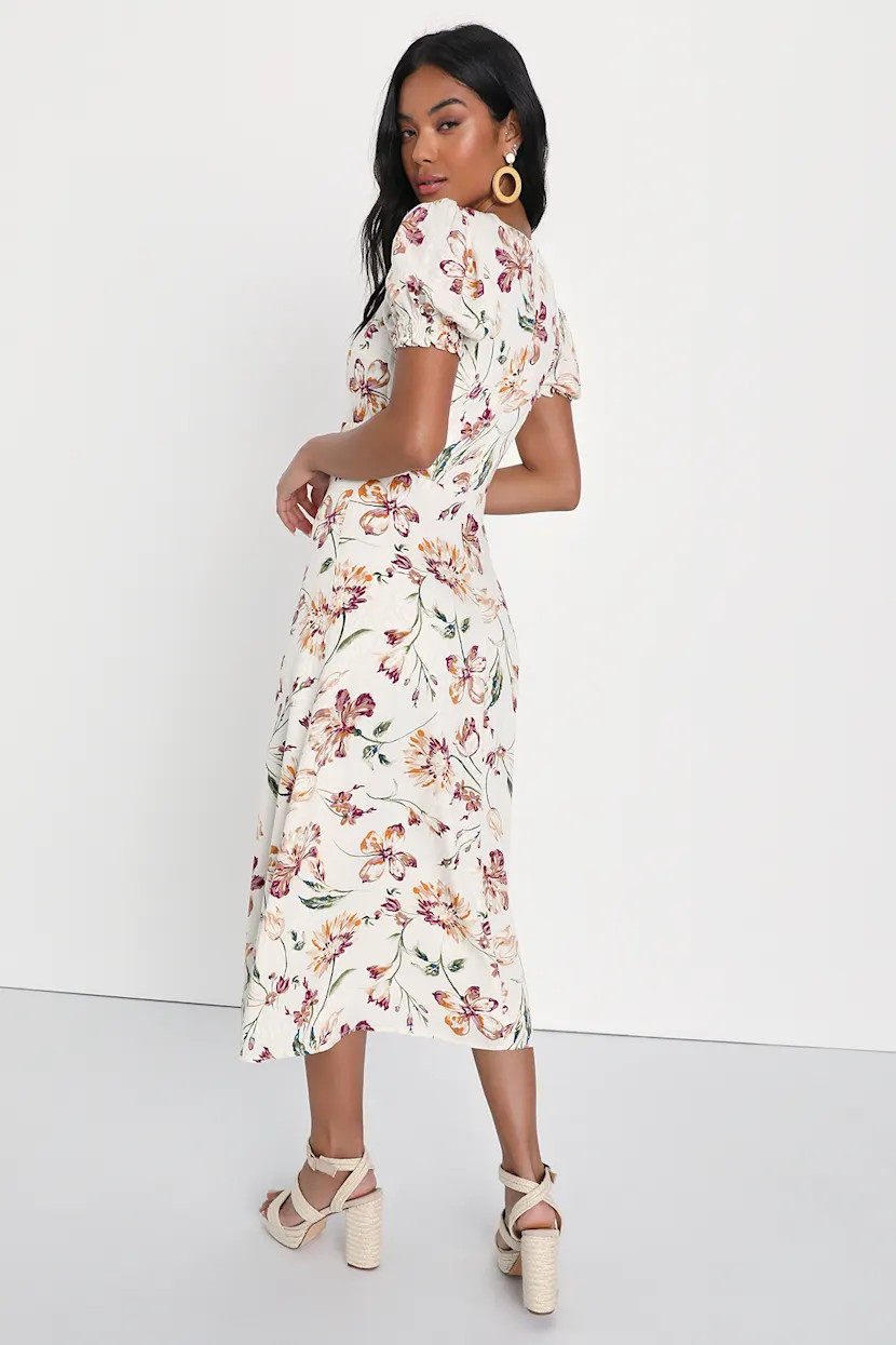 Parisian Picnic Cream Floral Jacquard Puff Sleeve Midi Dress | Lulus (US)