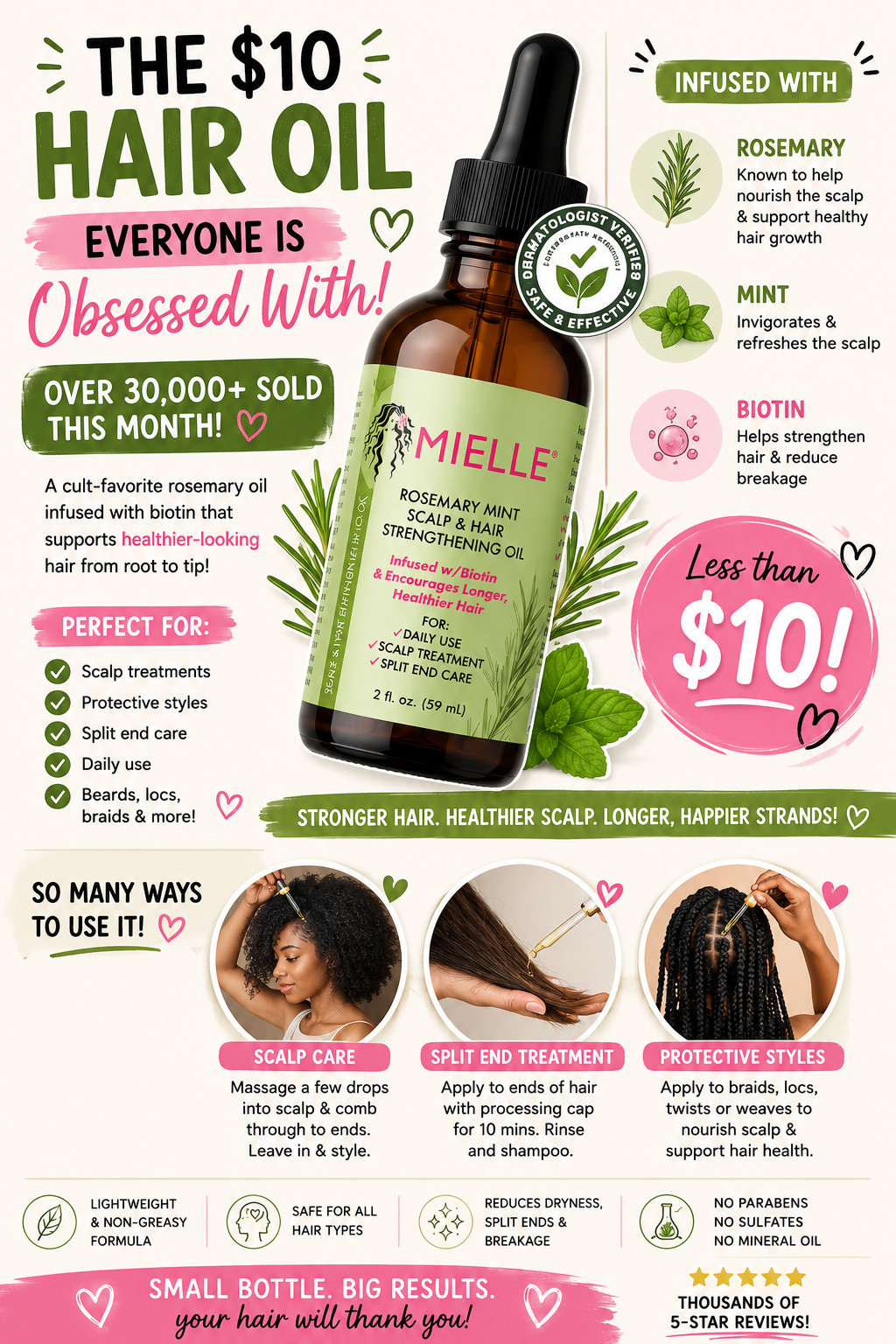 🌿 THE $10 HAIR PRODUCT EVERYONE IS TALKING ABOUT 🌿

Over 30,000 bottles sold this month and for good reason! If you're looking for healthier-looking hair, a nourished scalp, and support for longer, stronger strands, the Mielle Organics Rosemary & Mint Hair Oil deserves a spot in your routine.

✨ Infused with biotin
✨ Supports scalp health
✨ Helps reduce the appearance of dry, brittle ends
✨ Great for protective styles, natural hair, and all hair types
✨ Lightweight formula that won't weigh hair down
✨ Budget-friendly beauty find under $10

I love that this hair oil can be used as a scalp treatment, split-end treatment, hot oil treatment, or daily hair nourishment. It's one of those affordable beauty finds that delivers salon-worthy results without the salon price tag.

💕 Over 30K sold this month
💕 Under $10
💕 One of Amazon's most-loved hair care products

#MielleOrganics #HairGrowthJourney #RosemaryOil #HealthyHair #AmazonBeauty #HairCareRoutine #BeautyFinds #HairGoals #AffordableBeauty #LTKBeauty 

 #LTKselfcare #LTKSaleAlert #LTKBeauty