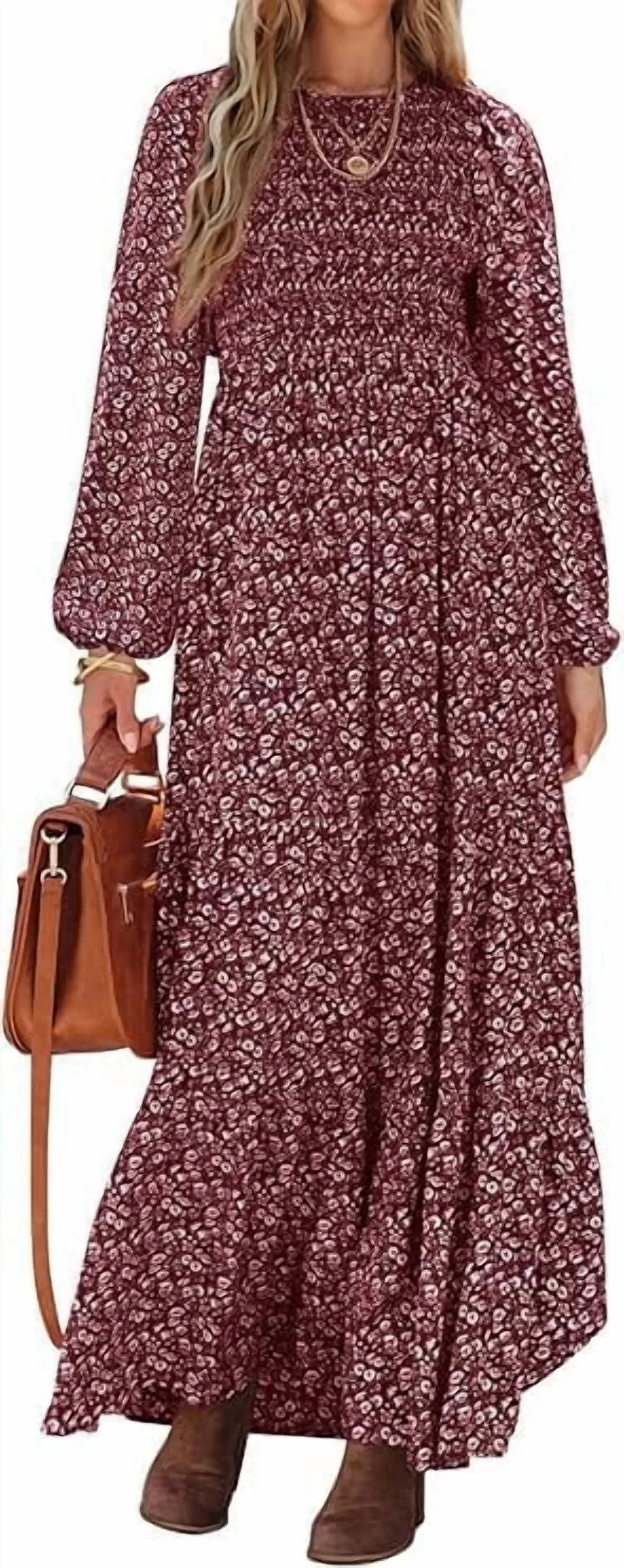 PRETTYGARDEN Women's Fall Dresses Long Sleeve Flowy Casual Floral Maxi Dress Crew Neck Smocked Ti... | Walmart (US)