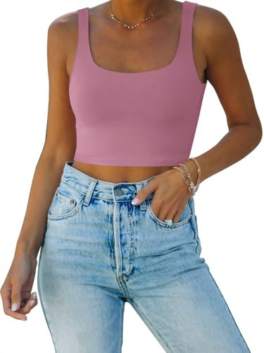 REORIA Women's Summer Sexy Basic Sleeveless Square Neck Fitted Seamless Yoga Cropped Tank Cute Crop Tops Mauve Red X Large | Amazon (US)