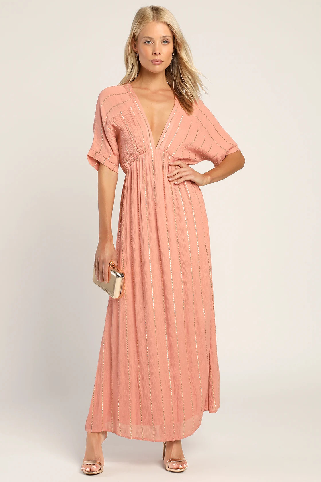 Goddess Vibes Rusty Rose Gold Striped Dolman Sleeve Maxi Dress | Lulus