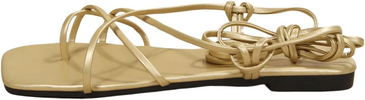GORGLITTER Women's Lace Up Strappy Toe Ring Flat Sandals Tie Leg Leather Sandals | Amazon (US)