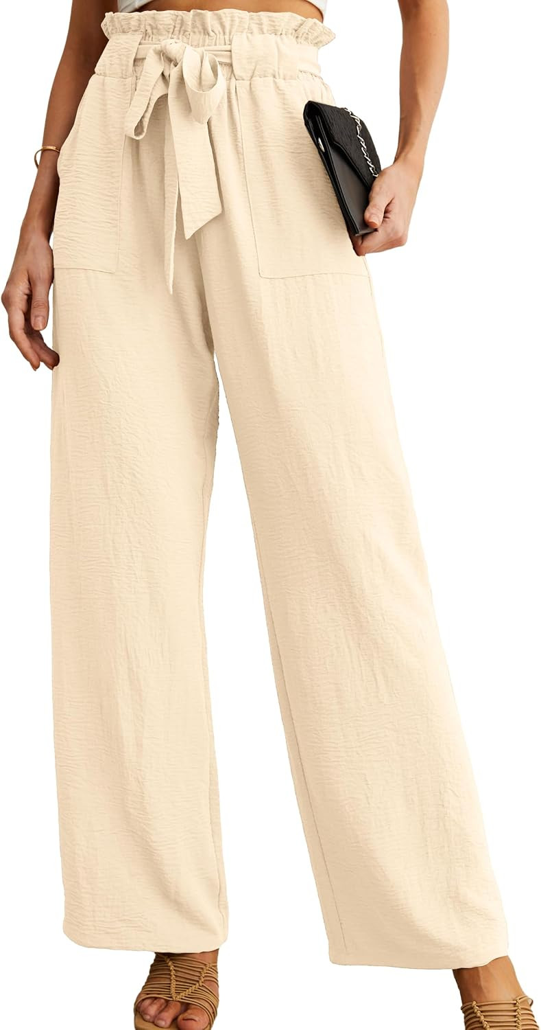 IWOLLENCE Women High Waist Palazzo Pants, Adjustable Knot Ankle Wide Leg Trousers Pockets Beach Vacation Lounge Office | Amazon (US)