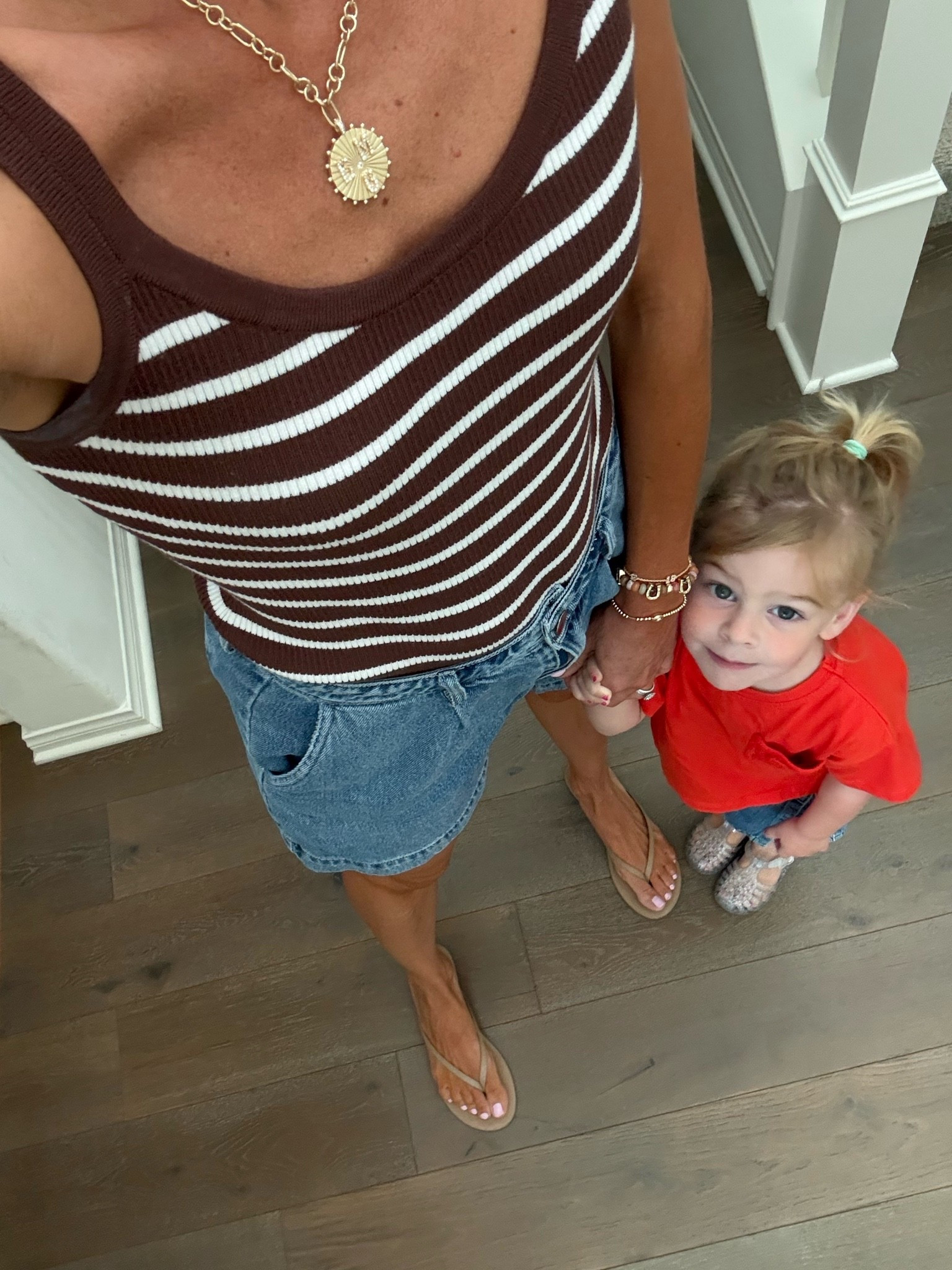 Outfits for a Mama + mini date today 💅☕️ Everything fits true to size, my jewelry is currently on sale!

Vici, BaubleBar, Tkees, H&M, Zara, Target, everyday casual outfit, striped knit tank, denim shorts, daytime outfit, mom style, toddler girl outfits, jelly sandals, wrap skort

#LTKootd #LTKmomlife #LTKdayinmylife