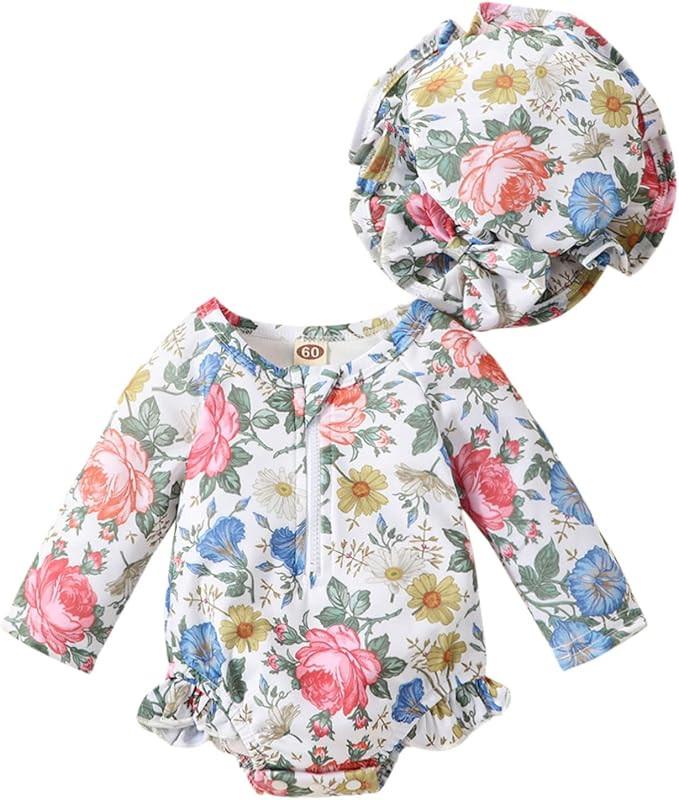Baby Girls Swimsuit Long Sleeve Zipper Bathing Suit One Piece Swimwear with Hat | Amazon (US)