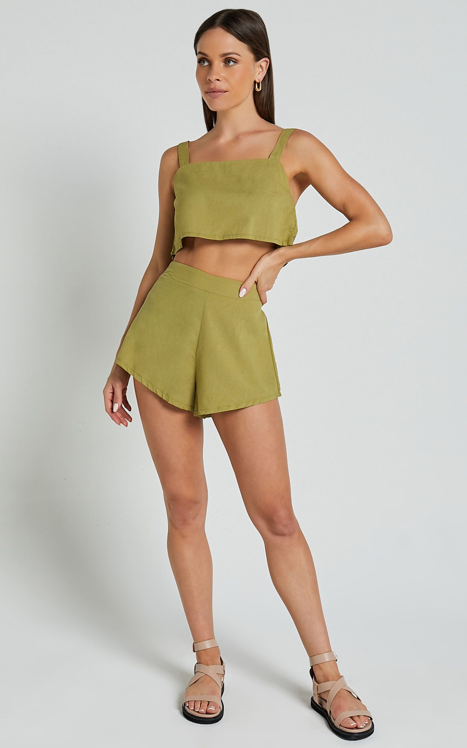 Zanrie Two Piece Set - Linen Look Square Neck Crop Top and High Waist Mini Flare Shorts Set in Ce... | Showpo (US, UK & Europe)
