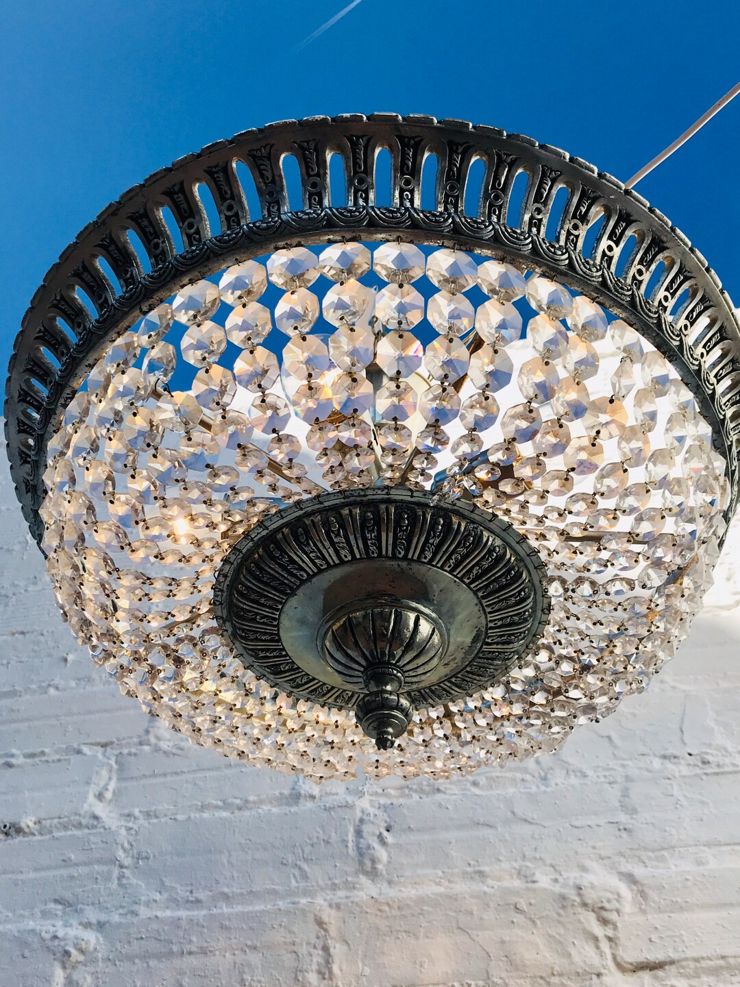 Large Antique French Silver Bowl Chandelier, Silvered Bronze, Flush Mount, European, 14" X 22", F... | Etsy (US)