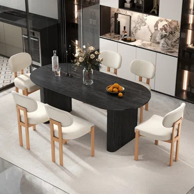 90.55" Extendable Oval Dining Table Set for 6-8 People, MDF Top Expandable Dinner Table with Chenille Upholstered Chairs, Rubber Wood Legs Dining Set | Wayfair North America