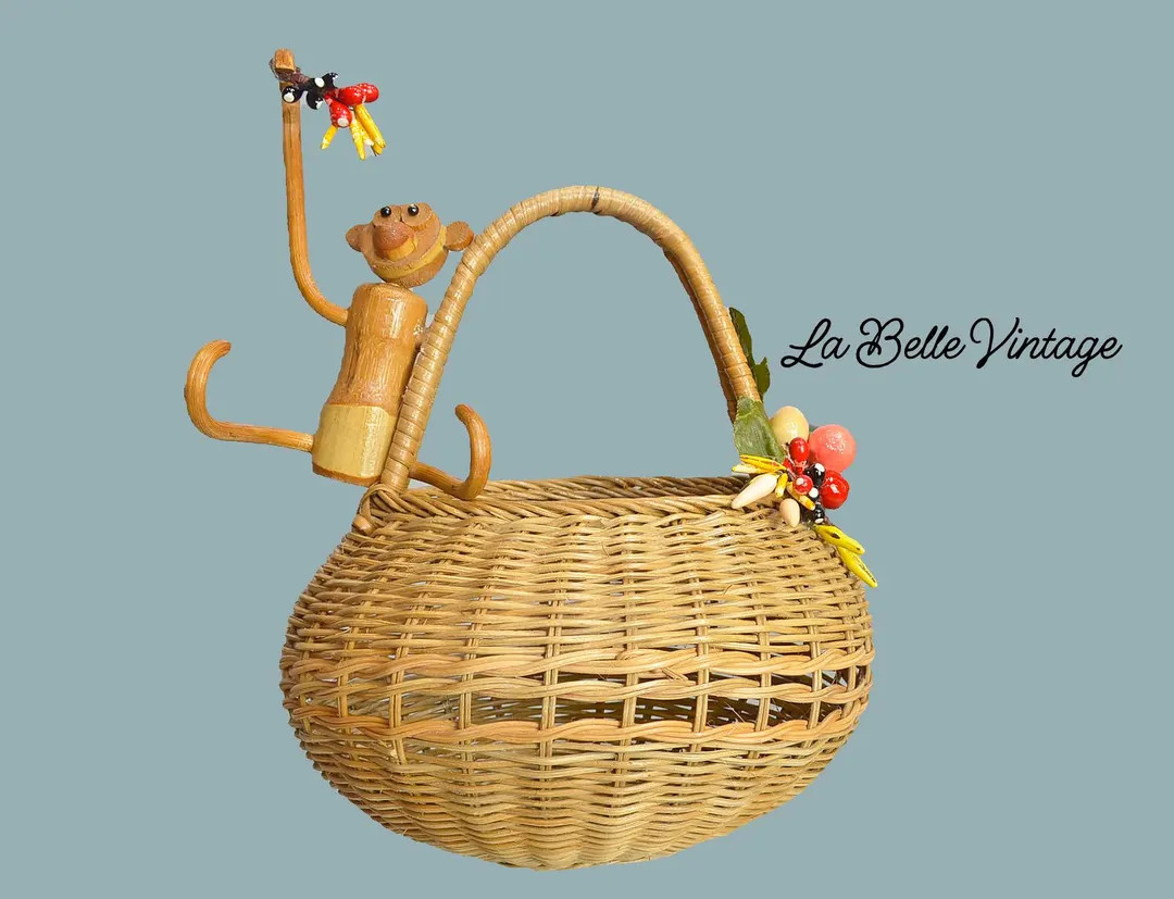 Monkeying Around Novelty Purse ~ Vintage 1950s Wicker Basket Fruit Handbag ~ Kay Bojesen Inspired... | Etsy (US)