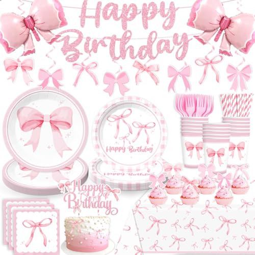 180pcs Coquette Birthday Decorations Include Coquette Plates and Napkins Set Banner Hanging Balloon Tablecloth Cake Topper Cupcake Toppers, for Girls Pink Bow Birthday Party Decorations, Serves 25 | Amazon (US)