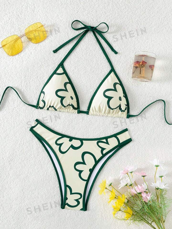 SHEIN Swim Mod Summer Beach Women's Floral Printed Contrast Color Trim Swimsuit Set Music Festiva... | SHEIN