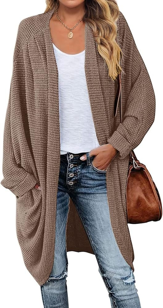ZESICA Women's Casual Waffle Knit Solid Color Long Batwing Sleeve Oversized Open Front Sweater Cardi | Amazon (US)