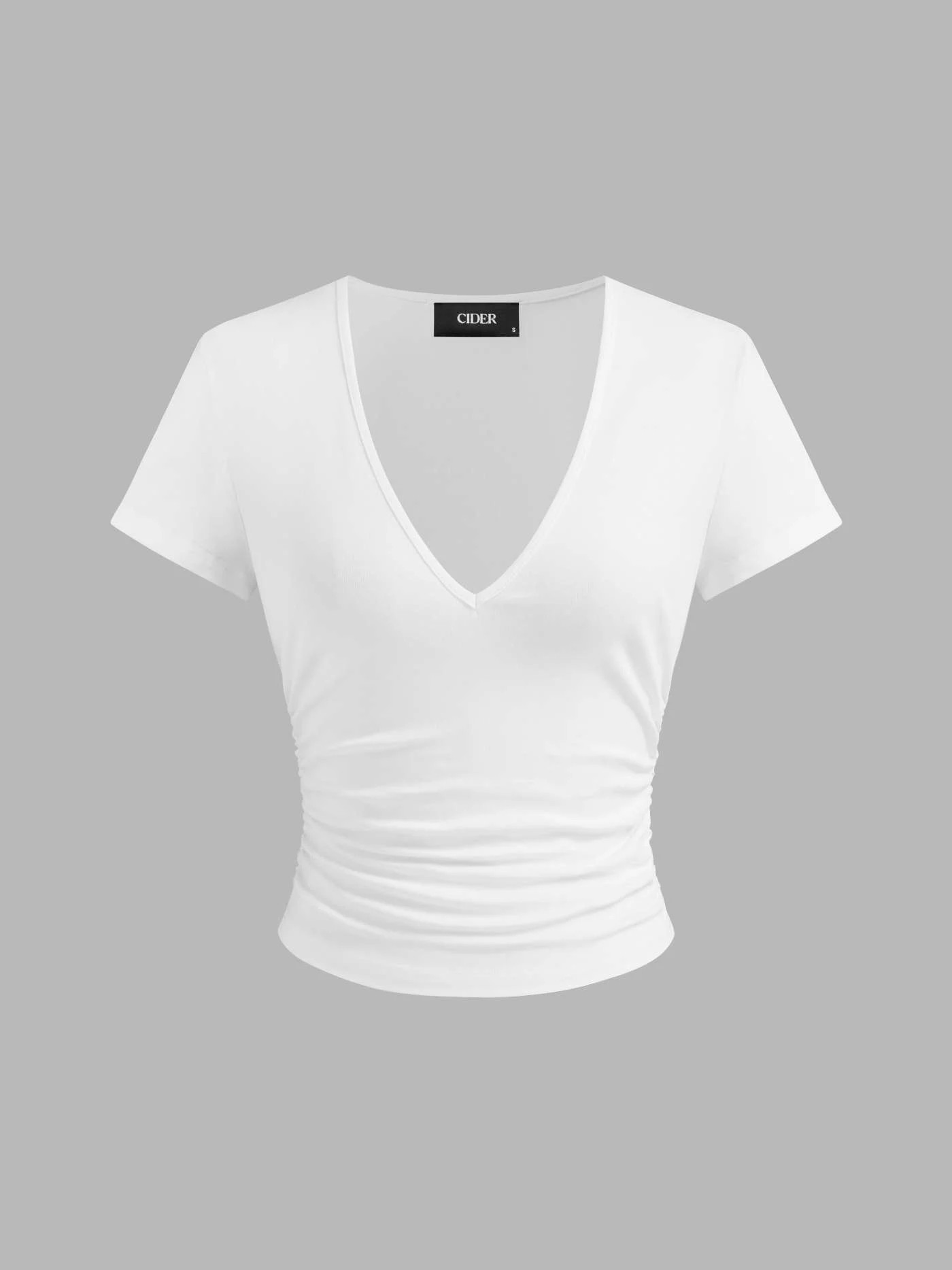 Knit Fabric Cotton-blend V-neck Ruched Short Sleeve Tee For Daily Casual | Cider