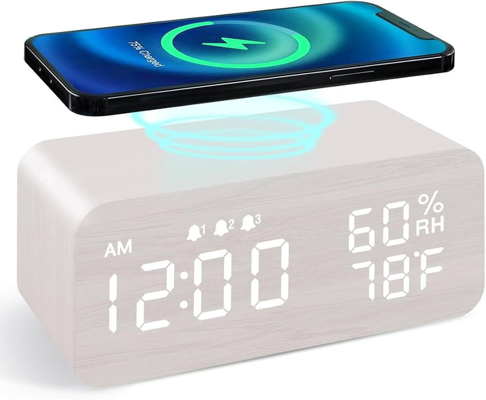 Wooden Digital Alarm Clock with Wireless Charging, 3 Alarms LED Display, Sound Control and Snooze... | Amazon (US)
