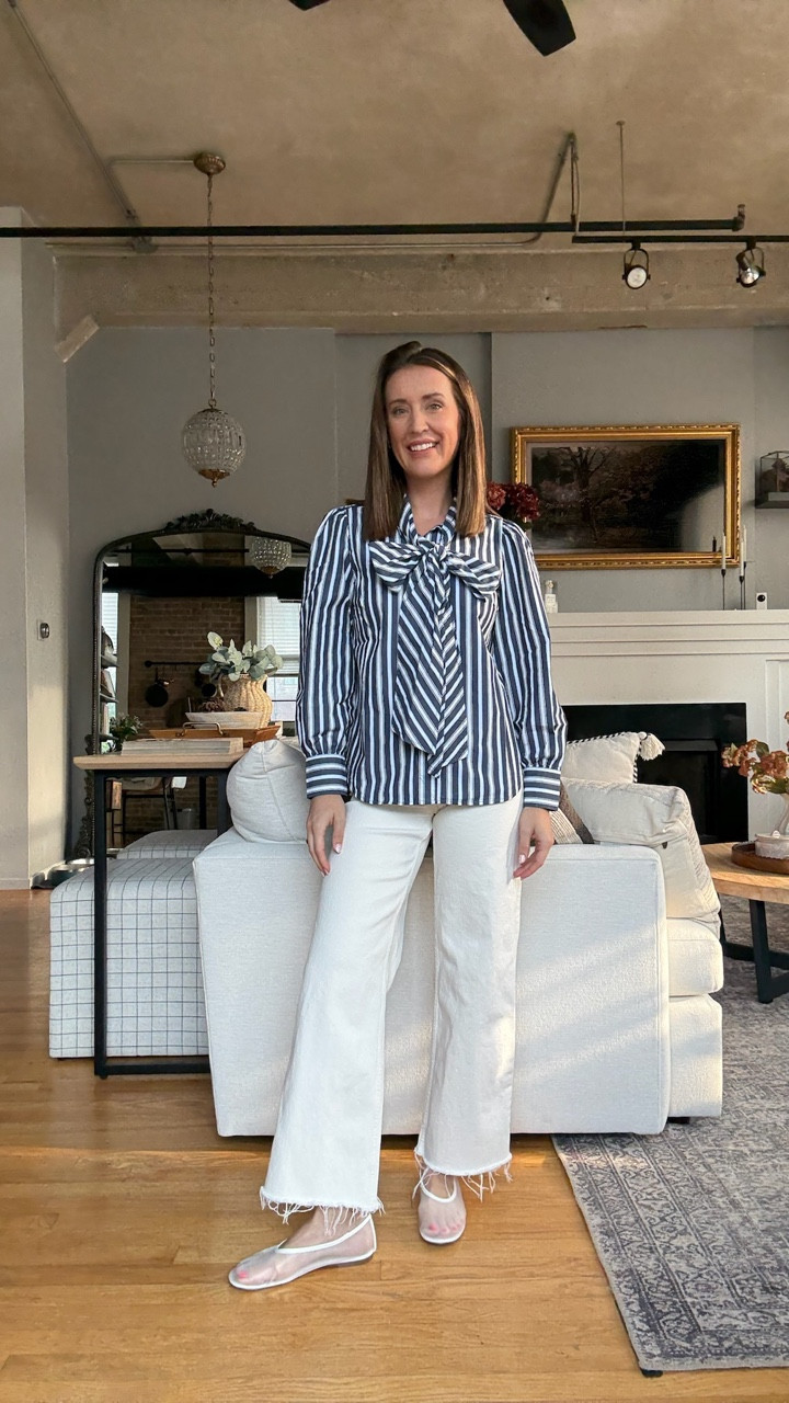 Walmart fall workwear fashion! 

Preppy blue and white striped puff sleeve blouse with bow tie. Distressed white sailor jeans. White mesh ballet flats. Classroom teacher outfit. Preppy outfit. Office workwear.  

 #LTKOver40 #LTKFindsUnder50 #LTKWorkwear