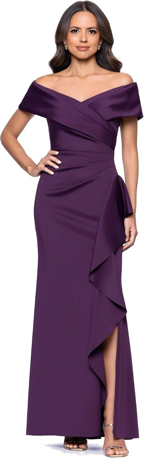 Xscape Women's Long Off-the-Shoulder Sweetheart Neckline Ruched Evening Dress with Leg Slit and Ruffle Detail | Amazon (US)