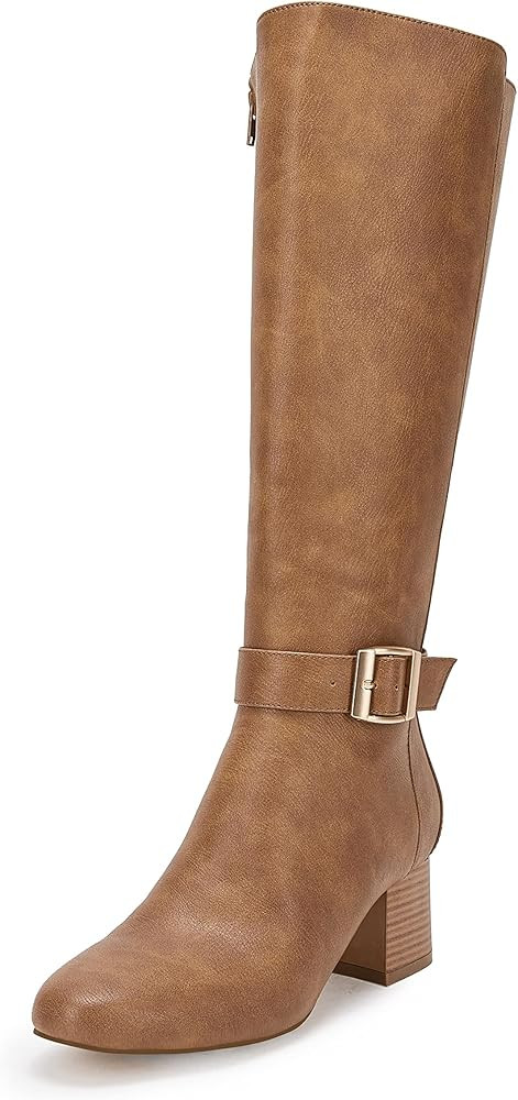 Coutgo Women's Knee High Boots Round Toe Stacked Chunky Heel Wide Calf Riding Boots Slouchy Metal... | Amazon (US)