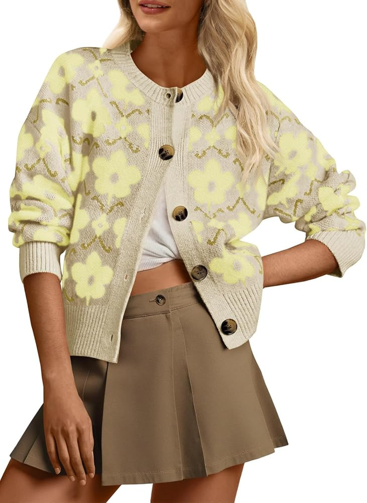 Saodimallsu Womens Floral Cardigan Sweaters Long Sleeve Open Front Button Down Knit Retro Sweater... | Amazon (US)