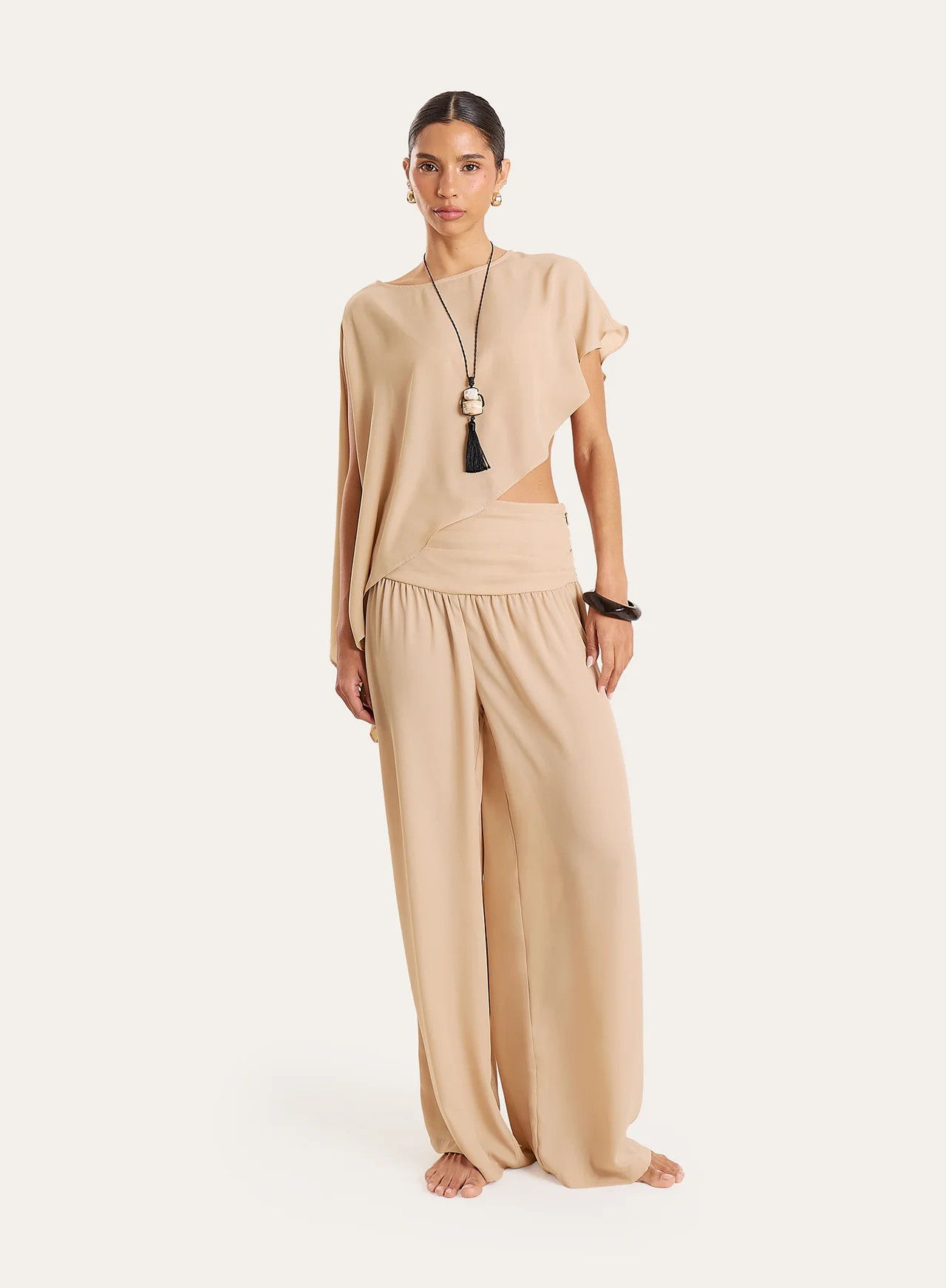 Women's Beige Sheer Ruched Waist Wide Leg Trousers | Indigo | 4th & Reckless | 4th & Reckless