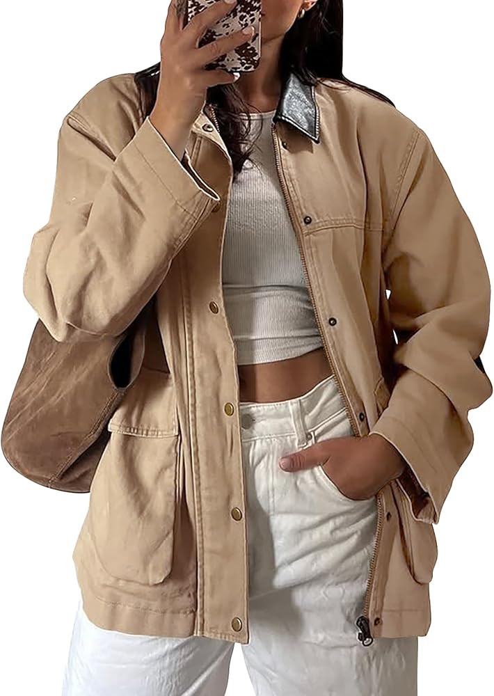 Barn Jackets for Women Contrast Collar Utility Jacket Zip Up Drawstring Waist Barn Coat 2025 with... | Amazon (US)