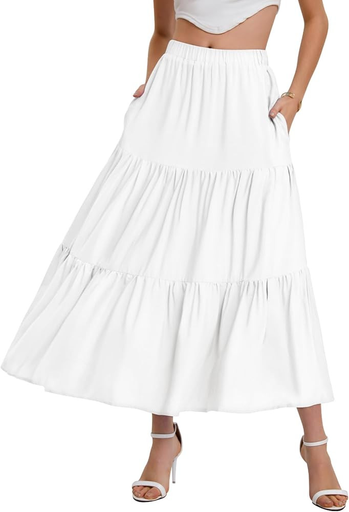 Bloggerlove Women’s Summer Boho Elastic Waist A-Line Pleated Flowy Swing Ruffle Hem Tiered Midi... | Amazon (US)