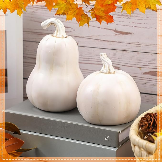 Bucherry 2 Pcs Fall Pumpkin Decor White Mini Resin Pumpkin for Thanksgiving Tabletop Decorating, ... | Amazon (US)