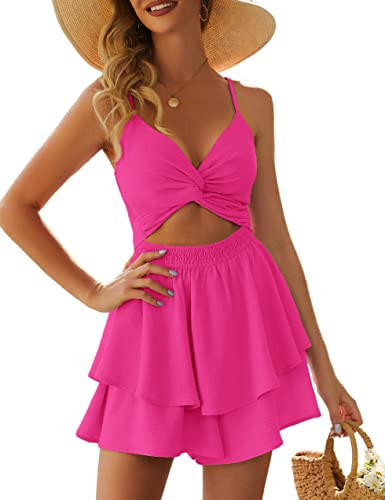 AGERWAY Rompers For Women 2026 Dressy Summer Sexy V Neck Twist Ruffle Hot Pink Romper Dress Mini Short Jumpsuit S | Amazon (US)