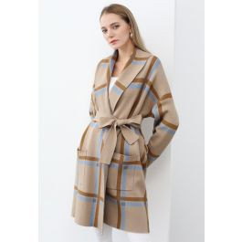 Collared Grid Pattern Tie Waist Knit Coat | Chicwish