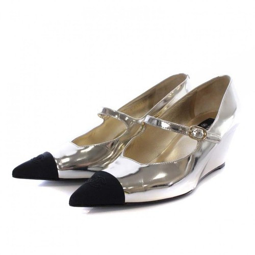 Chanel pointed toe Wedge Sole Mary Jane Pumps silver size 38C cap toe metallic  | eBay | eBay US