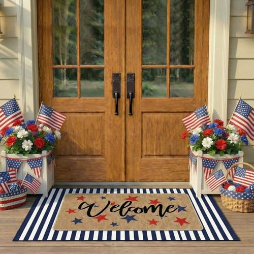 Tinideya 2 Pcs 4th of July Door Mat Outdoor Patriotic Memorial Day Welcome Doormat for Front Door Linen Rubber Layered USA Star Red White Blue Rug Nonslip 250th Anniversary Decor for Porch Entryway | Amazon (US)