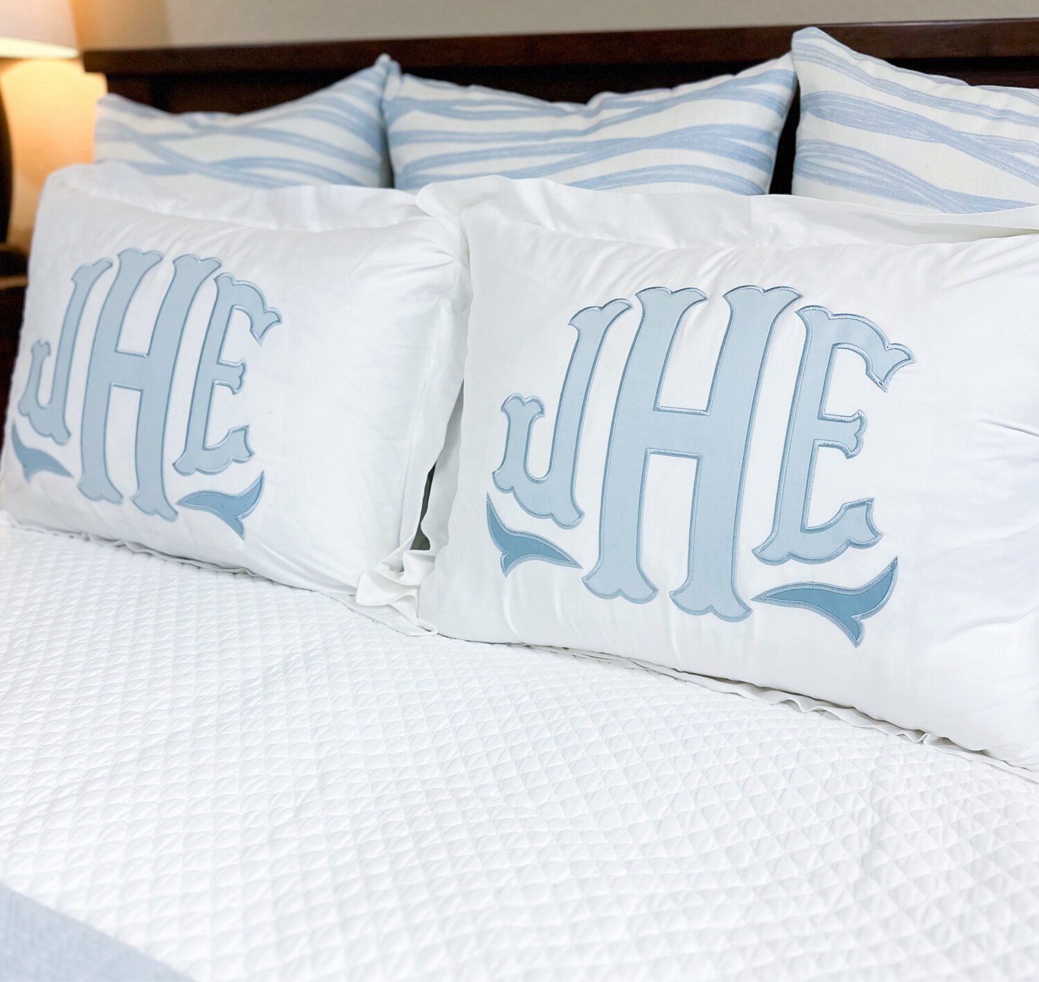 White Large Monogram Sham with Cotton Sateen Appliqué Embroidered Edge | Edelweiss Embroidery