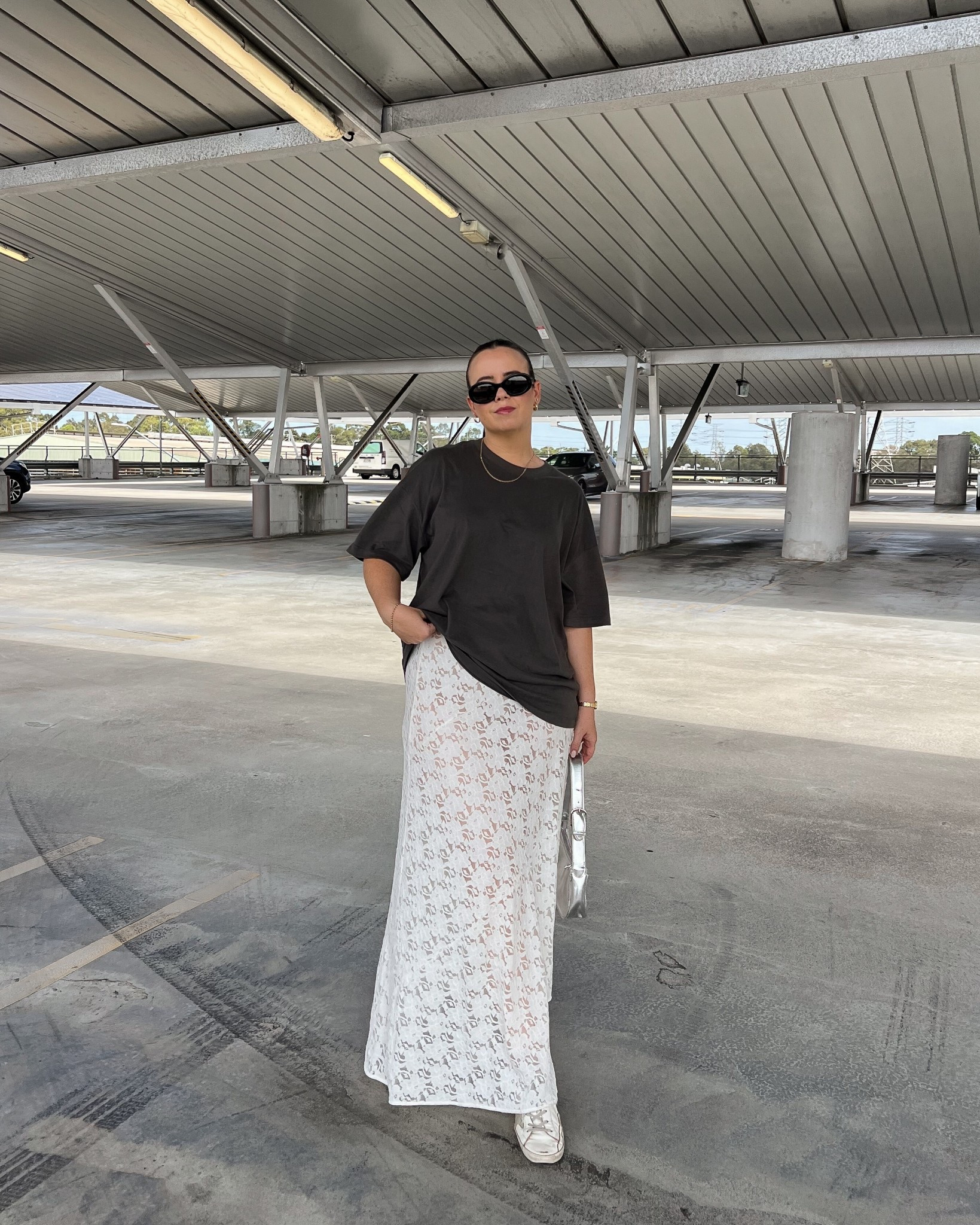 Cotton On oversized tee: size XL
Dissh white lace maxi skirt: size 12
Golden Goose sneakers
Celine sunglasses
Peta & Jain bag 

#LTKsummer #LTKmidsize #LTKaustralia