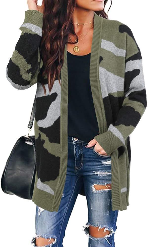 Ybenlow Womens Open Front Camouflage Cardigan Sweaters Oversized Chunky Long Sleeve Knit Sweater ... | Amazon (US)