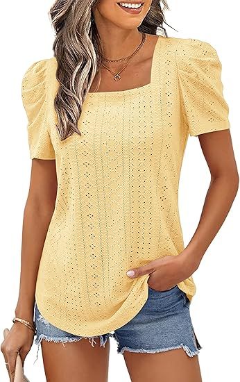 Womens Eyelet Puff Sleeve Tops Square Neck Short Sleeve Tops Dressy Casual Work Blouse Shirts | Amazon (US)