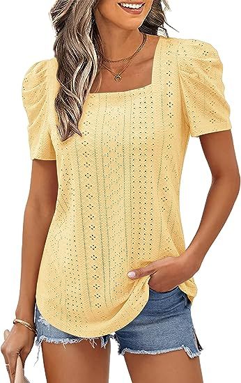 Womens Eyelet Puff Sleeve Tops Square Neck Short Sleeve Tops Dressy Casual Work Blouse Shirts | Amazon (US)