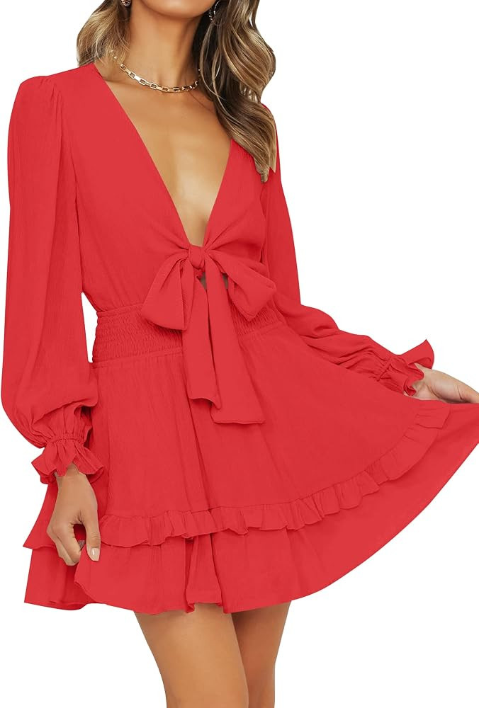 ZESICA Women's Sexy Deep V Neck Knot Front Long Sleeve Smocked Wiast Ruffle Tiered Swing Mini Ska... | Amazon (US)