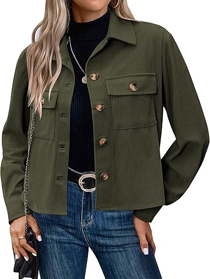 Zeagoo Womens Fashion Cropped Shackets Corduroy Button Down Crop Jackets Tops Long Sleeve Shirts ... | Amazon (US)