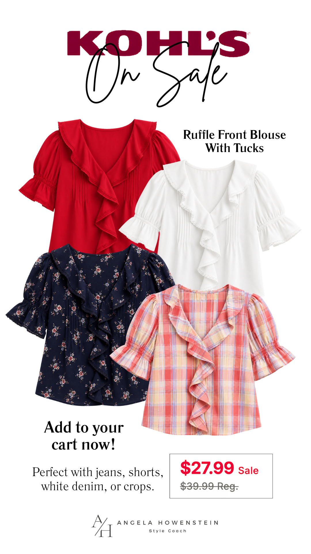 This Kohl’s ruffle front blouse is such an easy way to dress up your everyday outfits. The feminine ruffle detail and flattering pintucks make it perfect with jeans, white denim, shorts, or cropped pants—and it’s on sale for just $27.99.

👩‍💻 LTK PRO TIPS
❤️ Heart = Support my posts ;-)
🔖 Save = Get sale & restock alerts for the things you love!
📋 Lists = Keep favorites organized (List ideas: Christmas, Birthdays, and Vacations!)
📲 Share = Send lists and products to a friend (or your daughters like me).
💬 Comment = Ask me anything, and I’ll answer. ;-) 

 #LTKootd #LTKOver40 #LTKSaleAlert