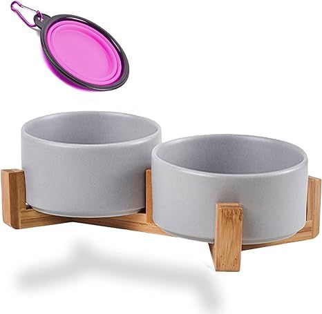 Petygooing Dog Bowls,Grey Ceramic Cat Dog Bowl Set with Wood Stand for Food and Water,Heavy Weigh... | Amazon (US)