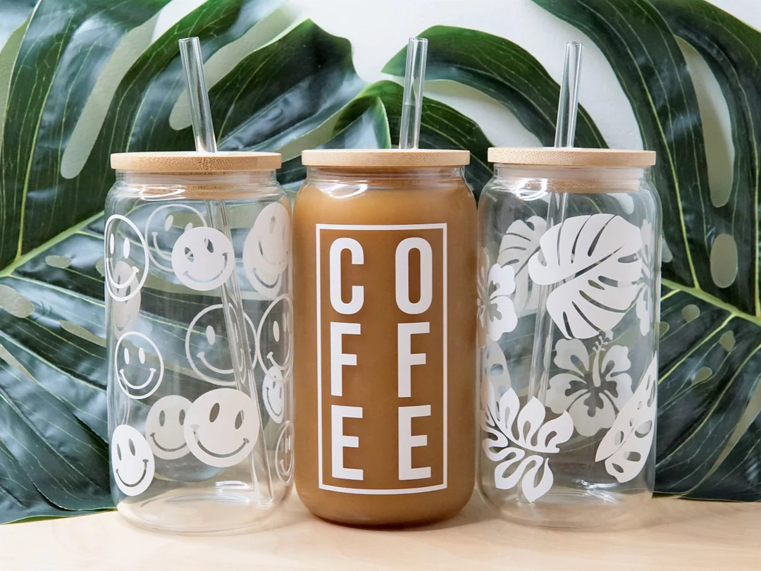 Coffee Glass with Bamboo Lid and Glass Straw, Beer Can Glass, Iced Coffee Glass, Glass Can for Ic... | Etsy (US)