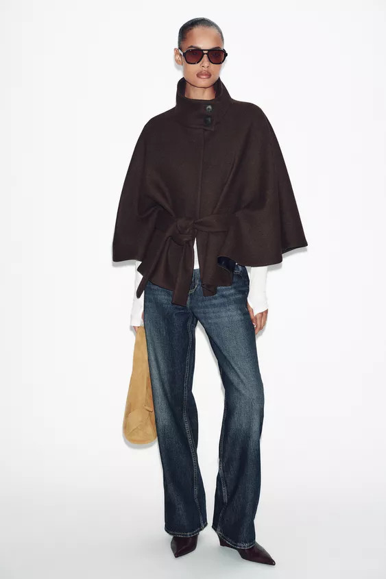 SHORT WOOL CAPE COAT WITH BELT | Zara US
